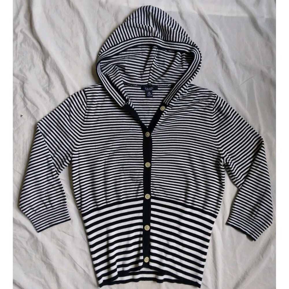Chaps Navy White Stripped Nautical Hooded Button Front Cardigan Womens Medium